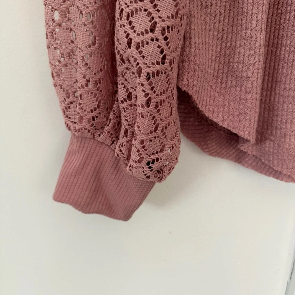 Free People Women's Sweetest Thing Thermal Pink Blush Top Lace Balloon‎ Sleeve M